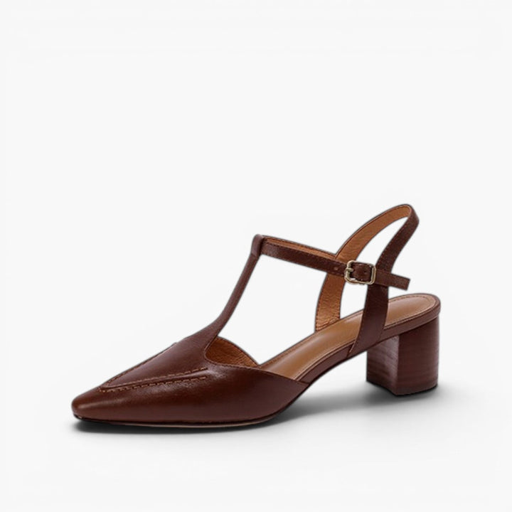 Paulette pointed leather T-strap heels in Chestnut Noir, side profile