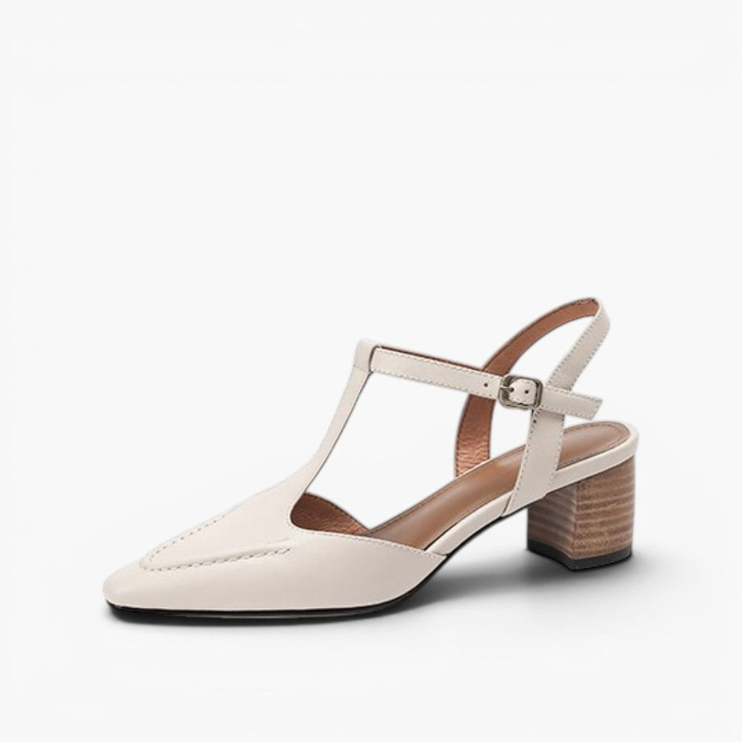 Ivory Sand leather T-strap heels, angled studio shot