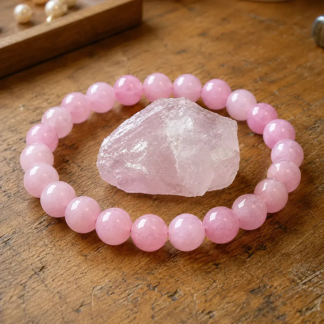 Rose quartz bracelet on wrist for love and self-love
