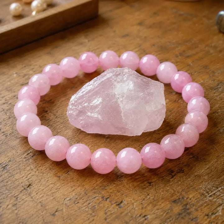 Rose quartz bracelet on wrist for love and self-love