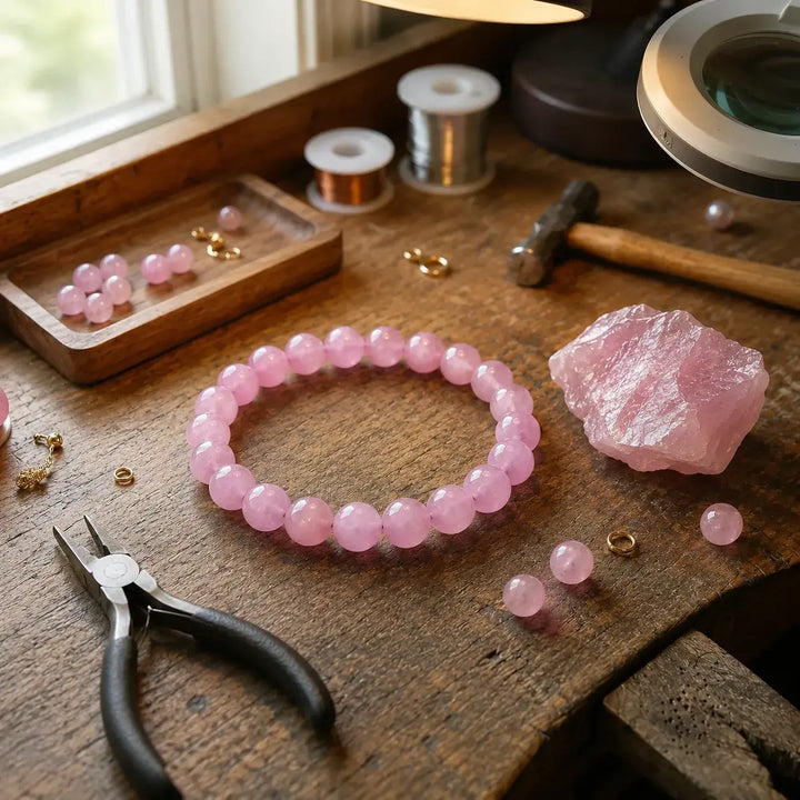 Close-up of natural pink rose quartz gemstone healing beads