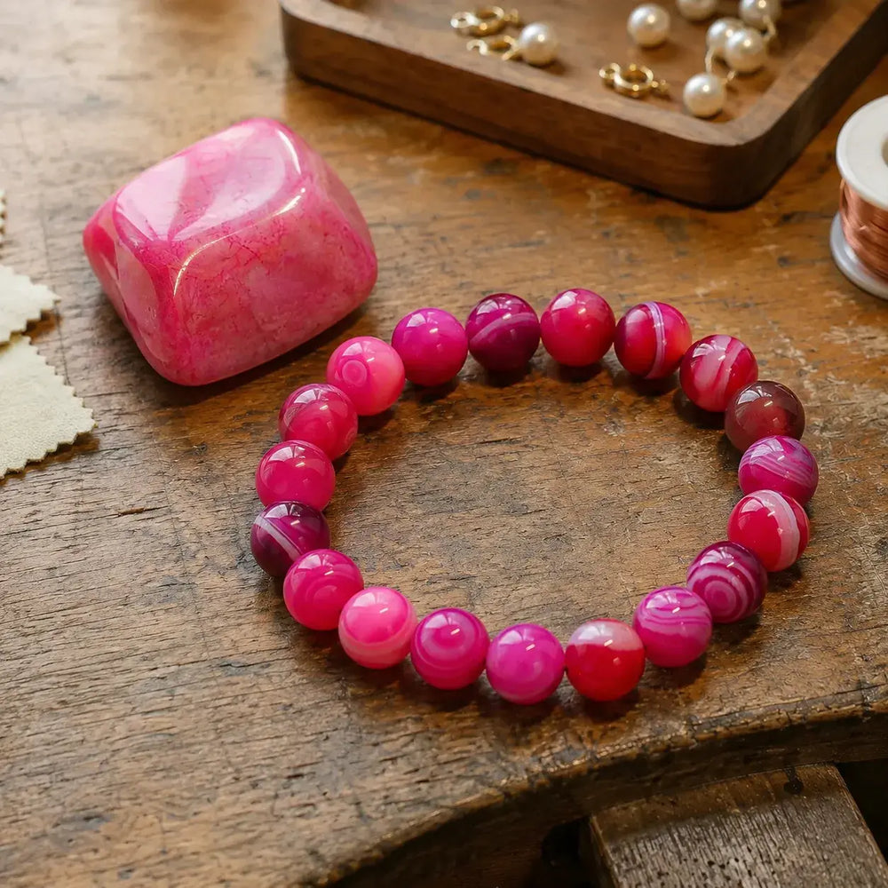 Rose agate bracelet on wrist for love and emotional healing