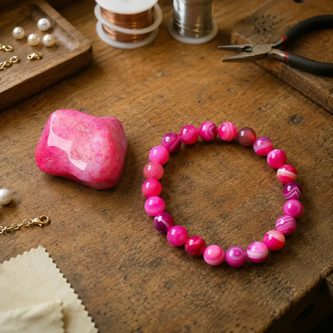 Close-up of natural pink rose agate gemstone healing beads