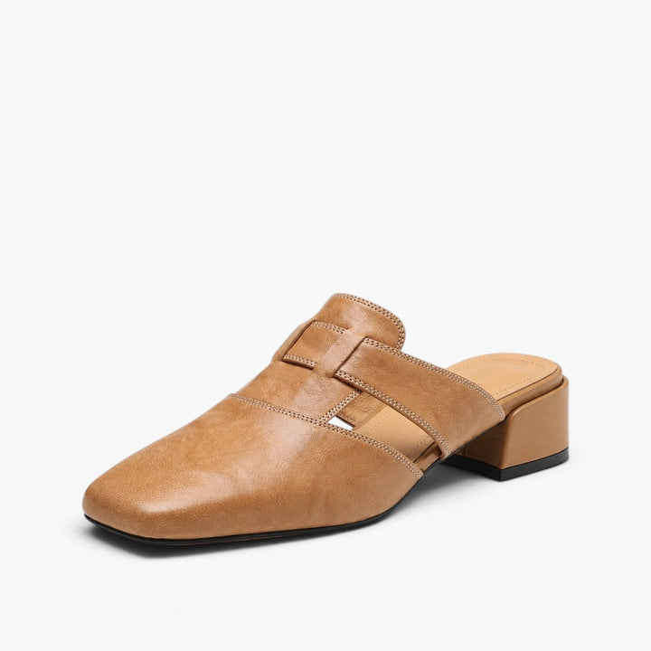 Square-toe leather mule, angled block-heel view