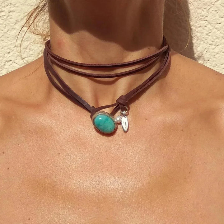 Agnese™ - Leather Choker with Turquoise