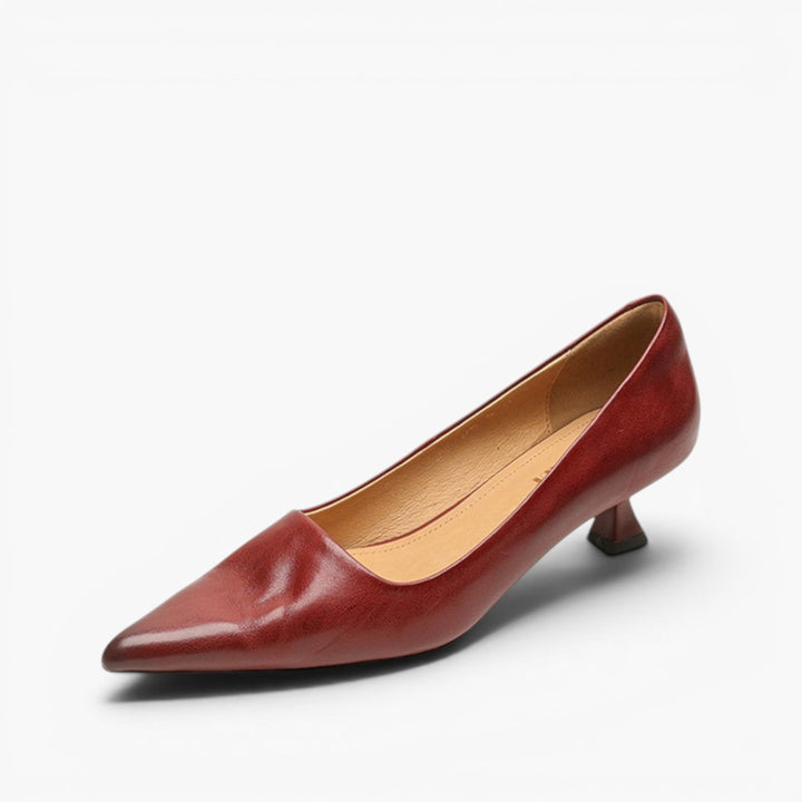 Pointed leather kitten heels styled with tailored trousers