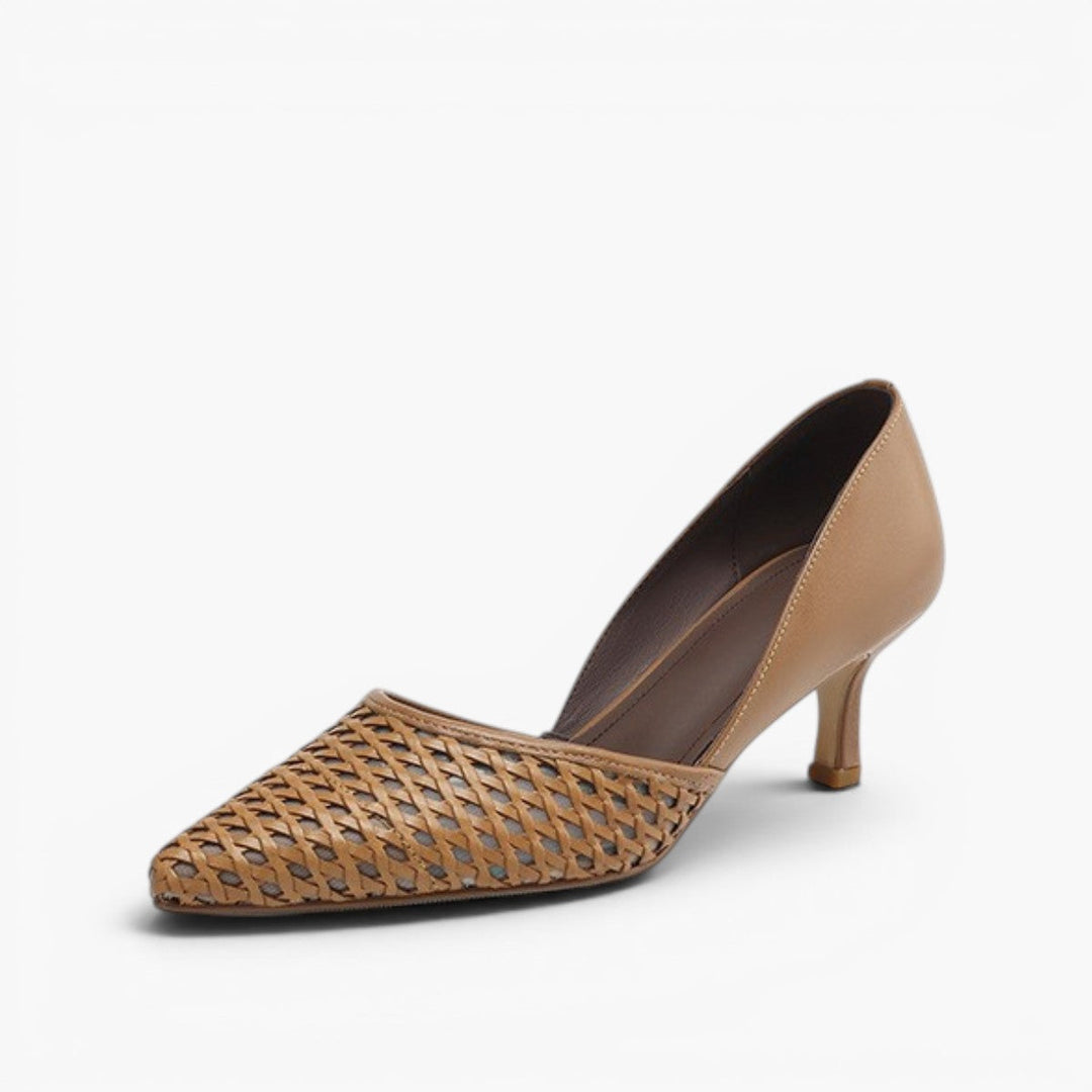 Rosanne woven leather pointed heels in Amber Tan, side profile