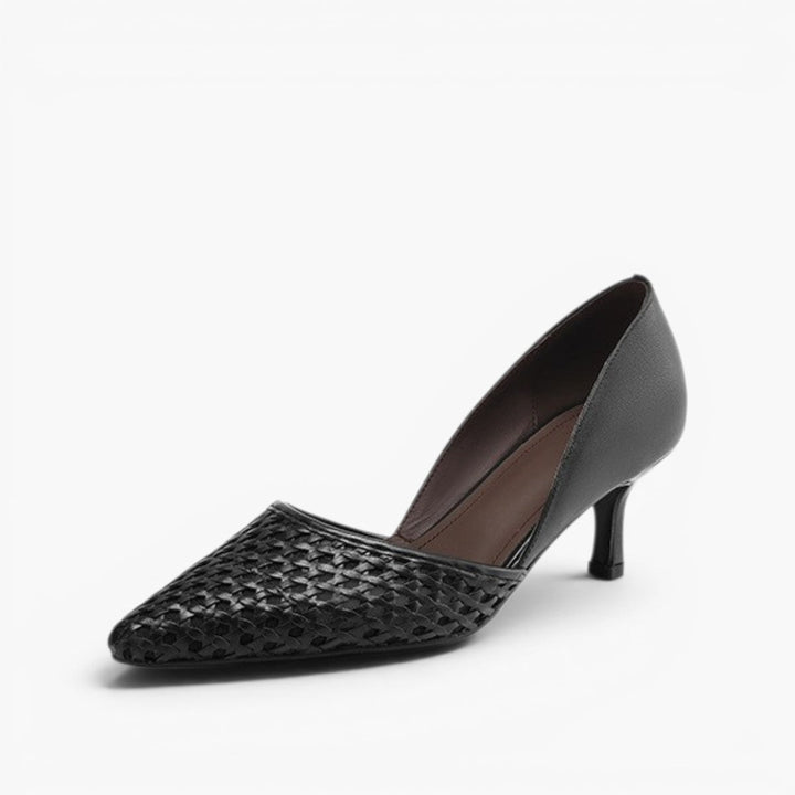 Noir Black woven leather heels, angled studio shot