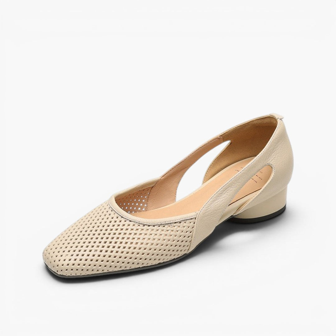 Loretta perforated leather square-toe heels in Ivory Sand, side profile