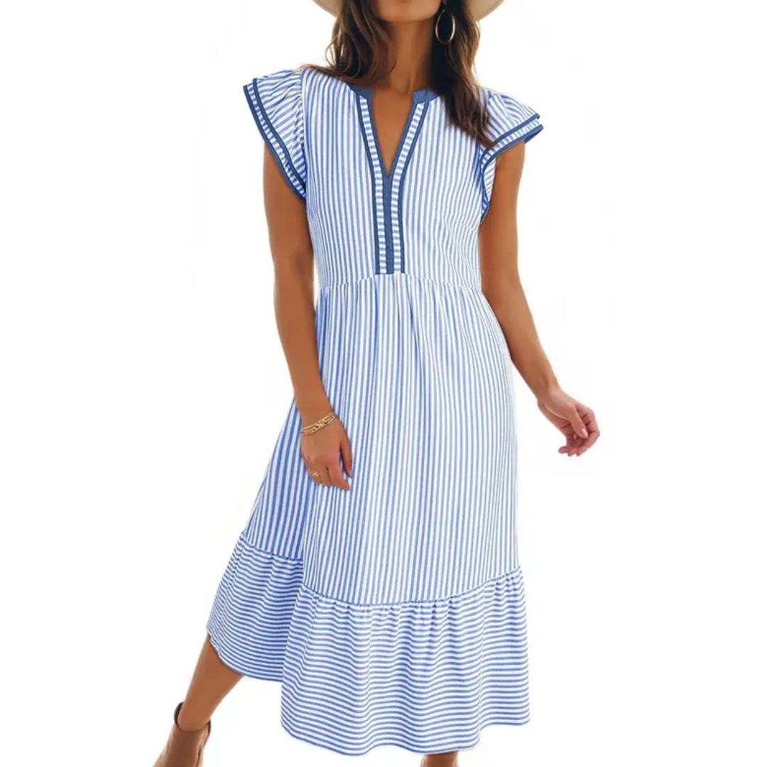 Leonora™ – Ruffled Cap Sleeves Striped Midi Dress