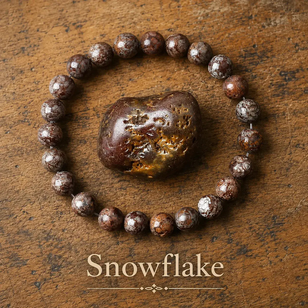Genuine natural snowflake obsidian healing bracelet - black crystal beaded stretch bracelet