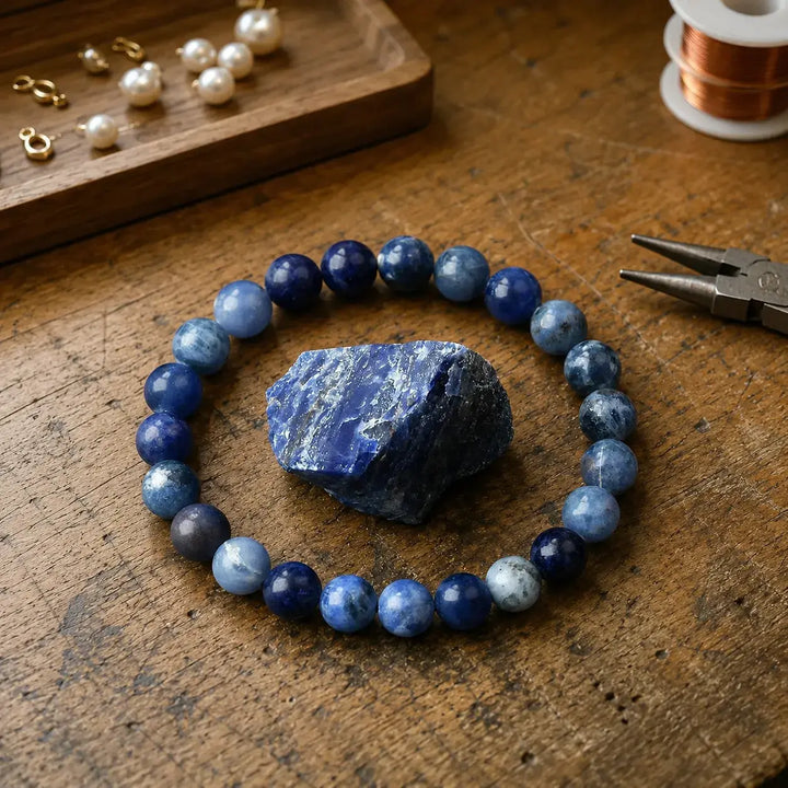 Close-up of natural blue sodalite gemstone healing beads