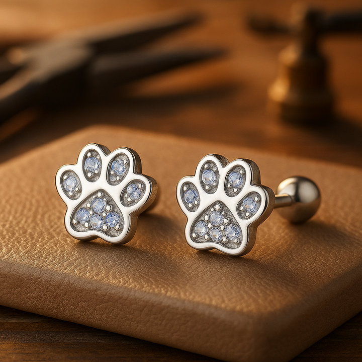 Sterling Silver Paw Print Earrings with Crystal Accents