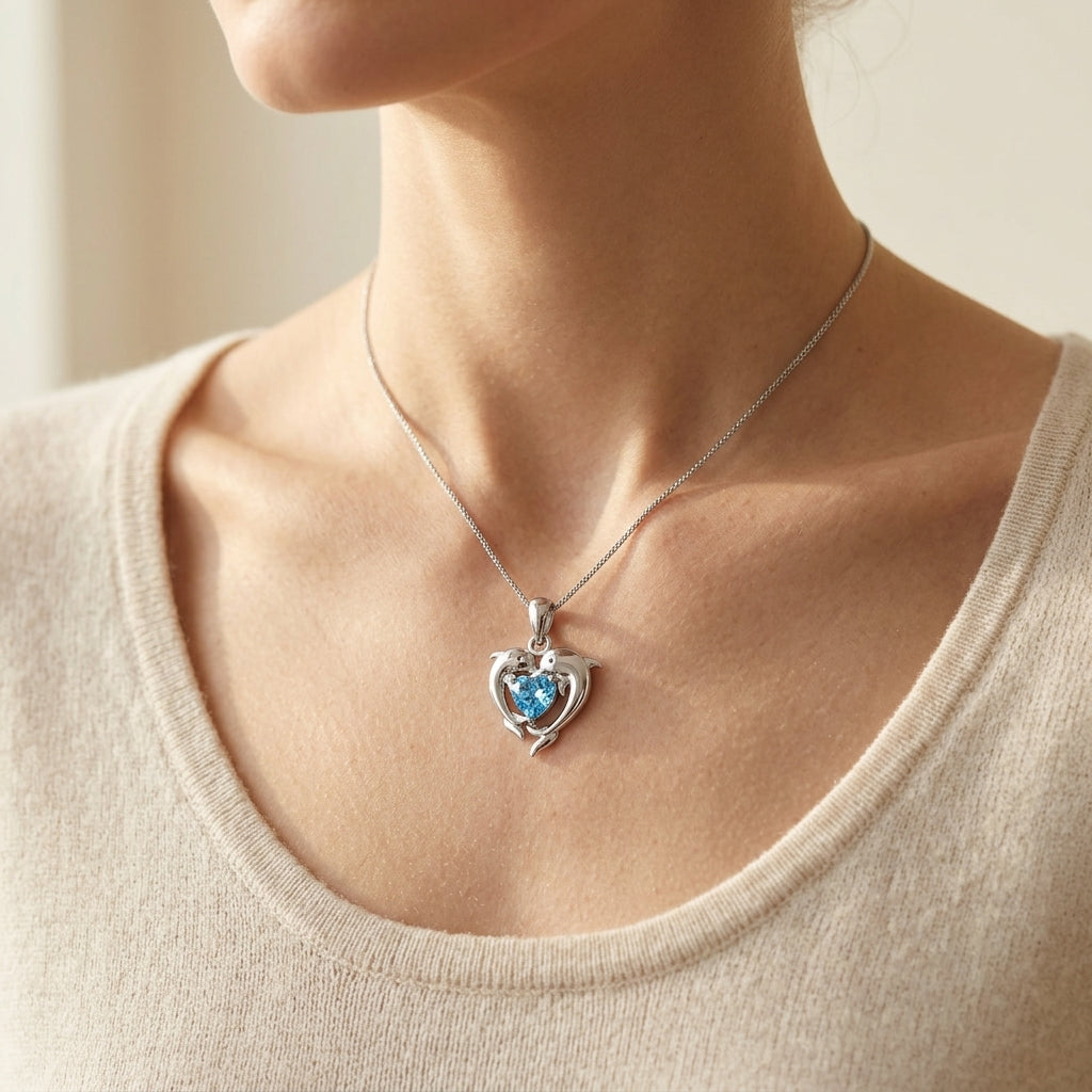 Blue Heart Necklace with Dolphin Design