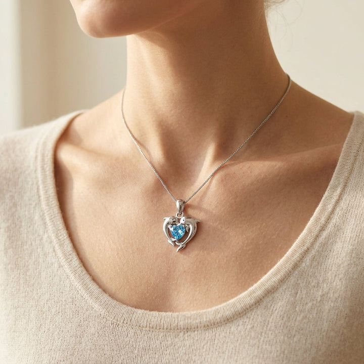 Blue Heart Necklace with Dolphin Design