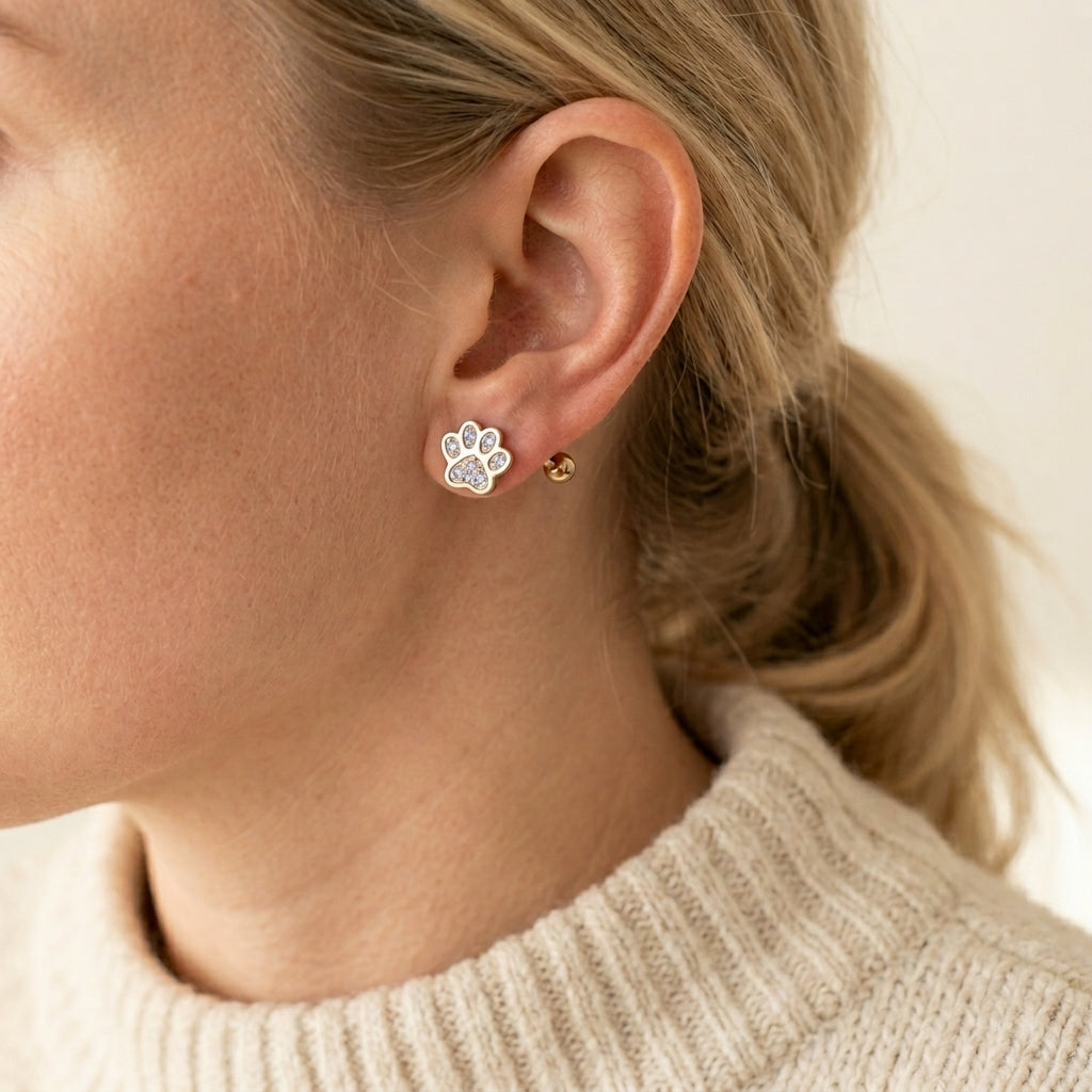 Sterling Silver Paw Print Earrings with Crystal Accents