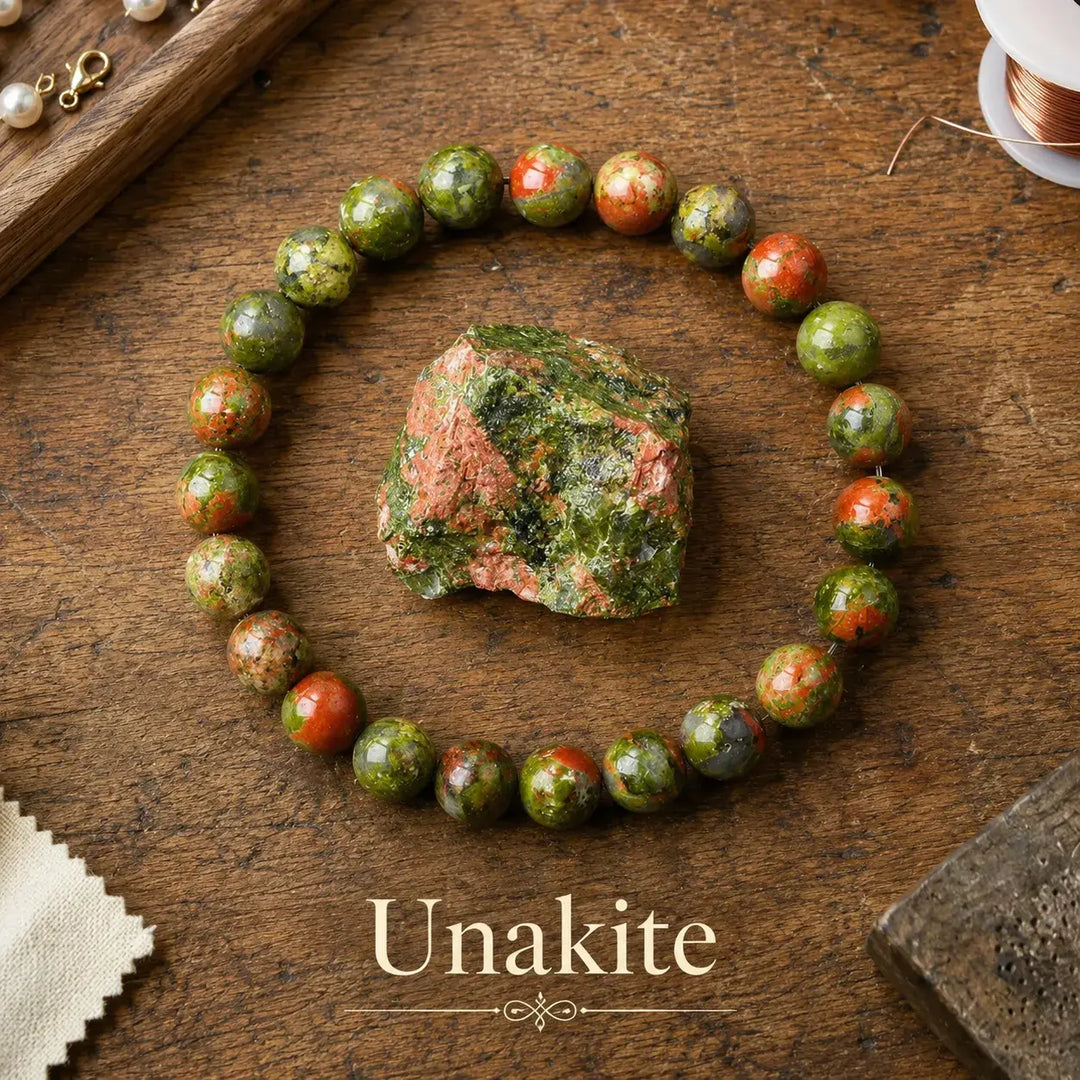Genuine natural unakite healing bracelet - green and pink crystal beaded stretch bracelet