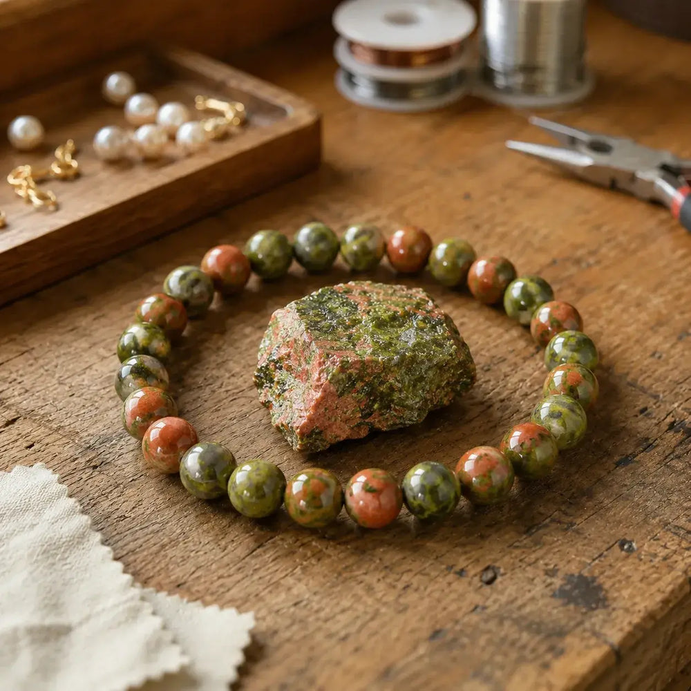 Unakite bracelet on wrist for emotional balance and healing