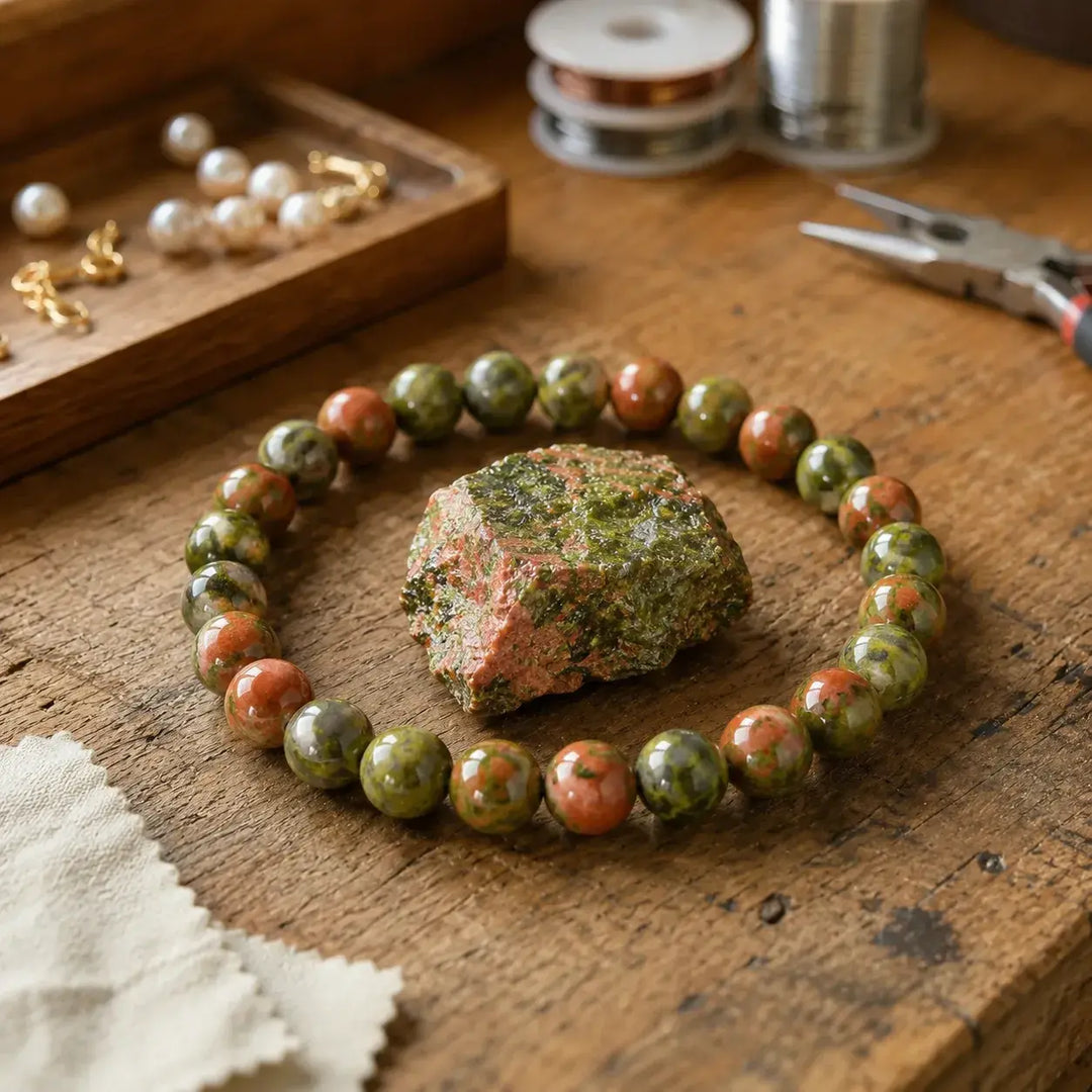 Unakite bracelet on wrist for emotional balance and healing
