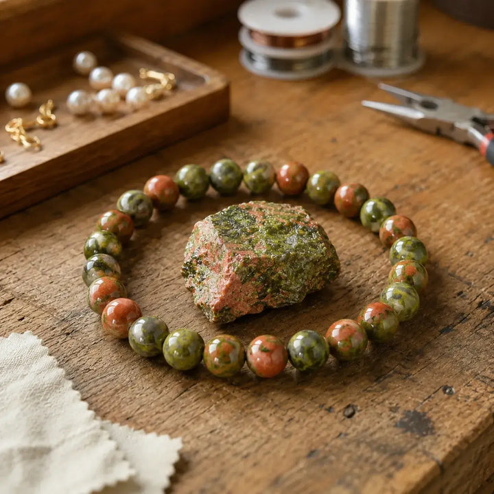 Unakite bracelet on wrist for emotional balance and healing