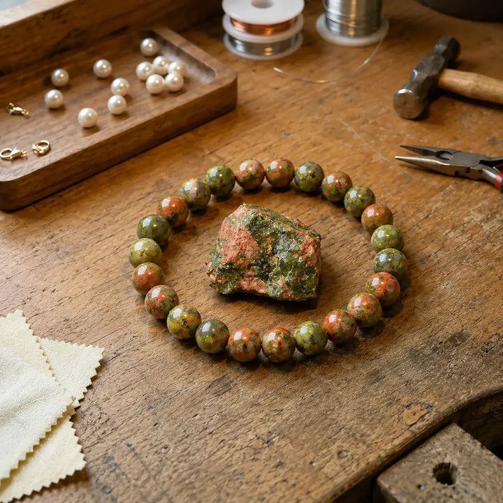 Close-up of natural unakite gemstone healing beads