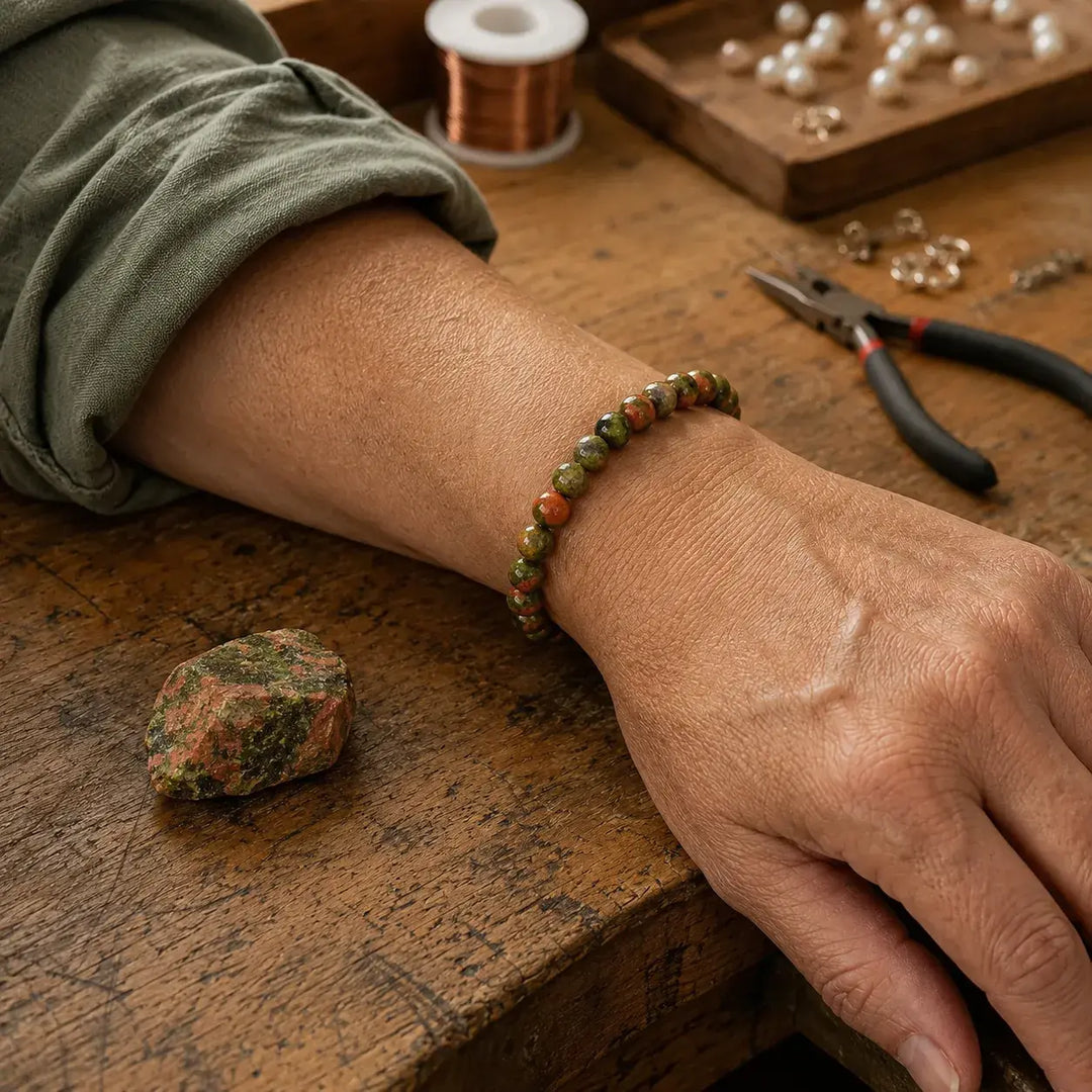 Unakite beaded bracelet - nurturing healing crystal jewelry