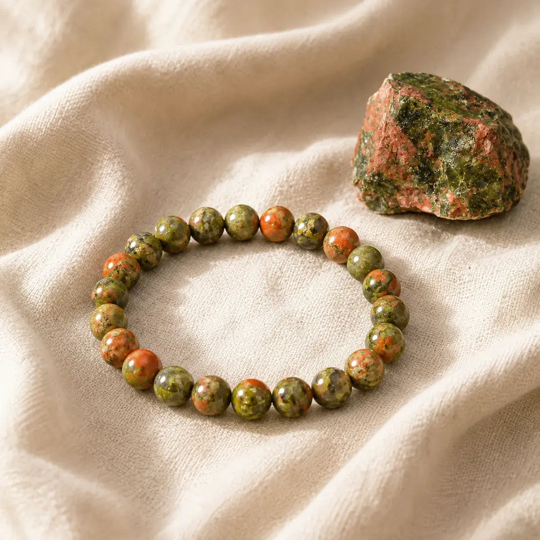 Unakite bracelet stacked as a complete healing crystal set