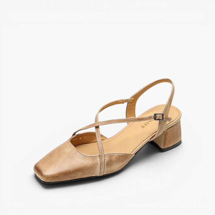 Women's square-toe leather slingback heels, side profile
