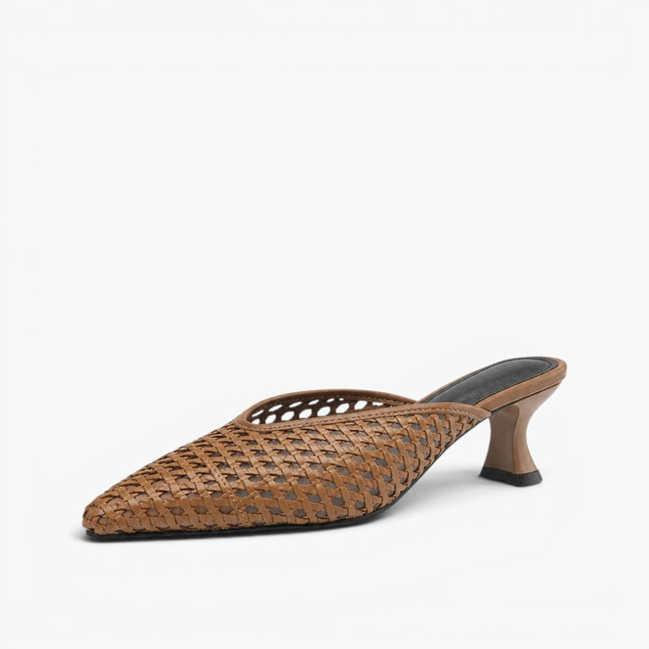 Women's woven leather heeled mules, side profile