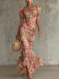 Florentine™ - Vintage-Inspired Rose Maxi Dress with Puff Sleeves