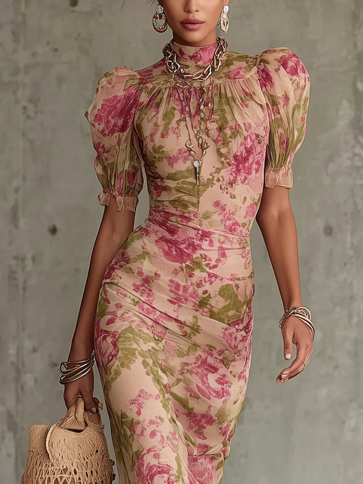 Fiora | Vintage-Inspired Romantic Rose Maxi Dress with Puff Sleeves