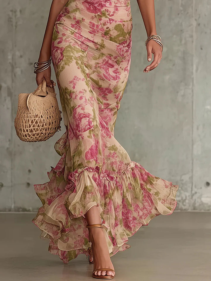 Florentine™ - Vintage-Inspired Rose Maxi Dress with Puff Sleeves