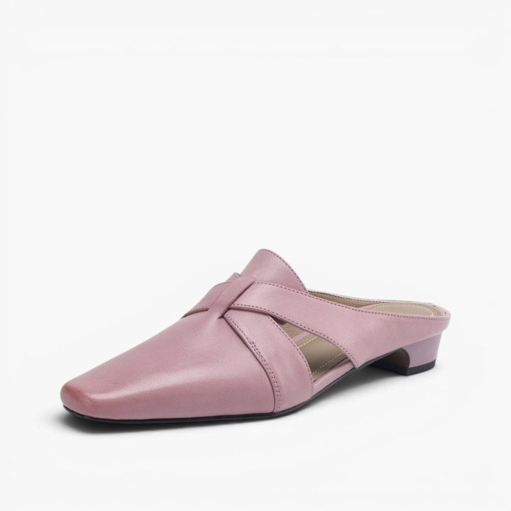 Carmen cross-strap leather heeled mules in Blush Mauve, side profile