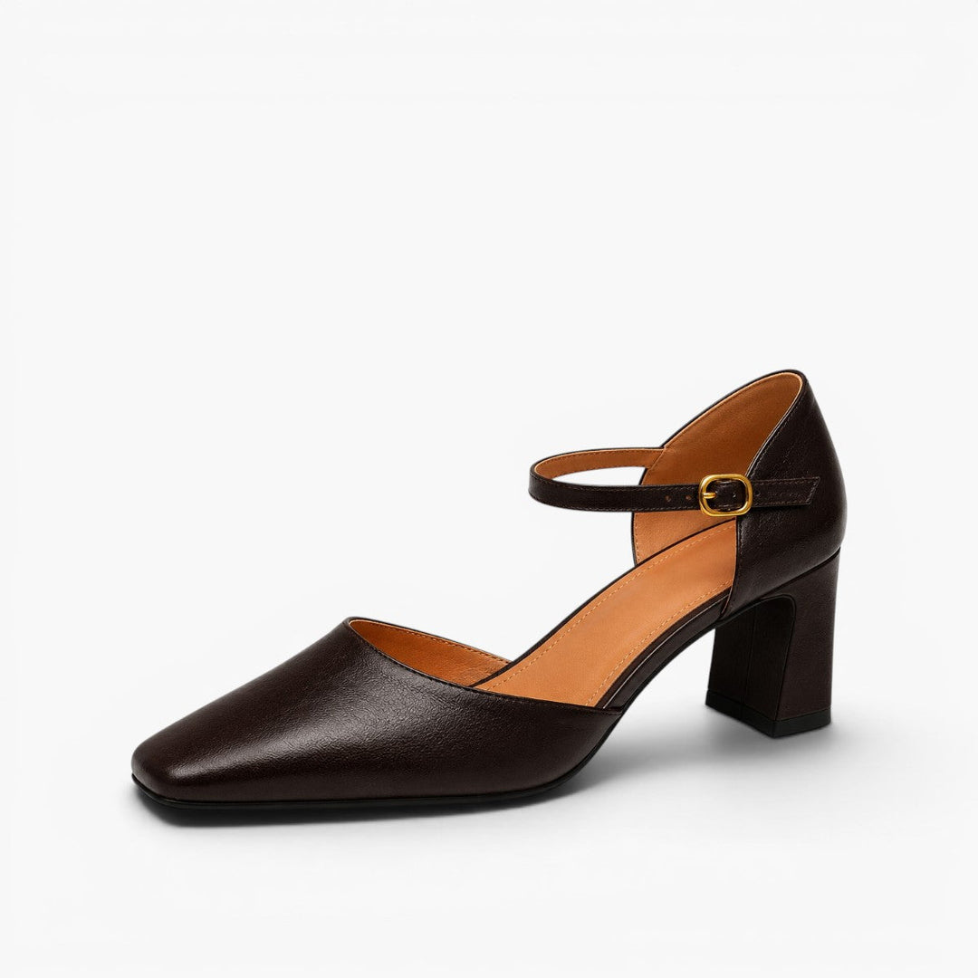 Close-up of block heel on Charlene leather d'Orsay heels