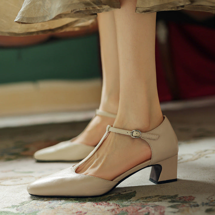 Leather T-strap heel, angled 1.75-inch block-heel view
