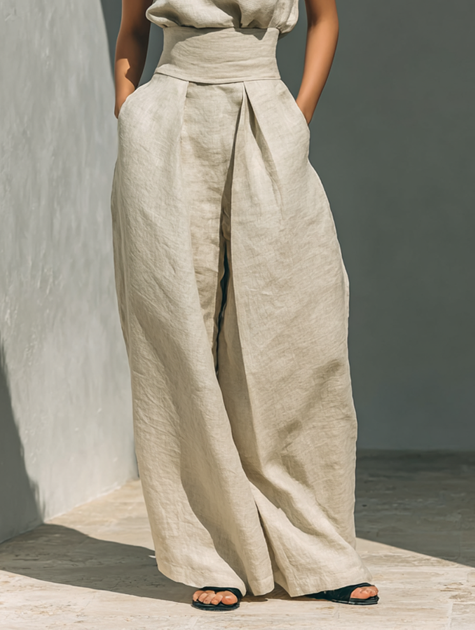 Aurora | Casual Beige Sleeveless Wide-Leg Co-Ord Set