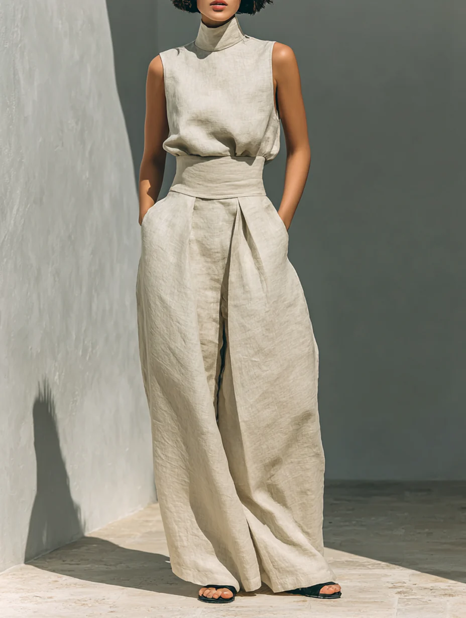 Aurora | Casual Beige Sleeveless Wide-Leg Co-Ord Set