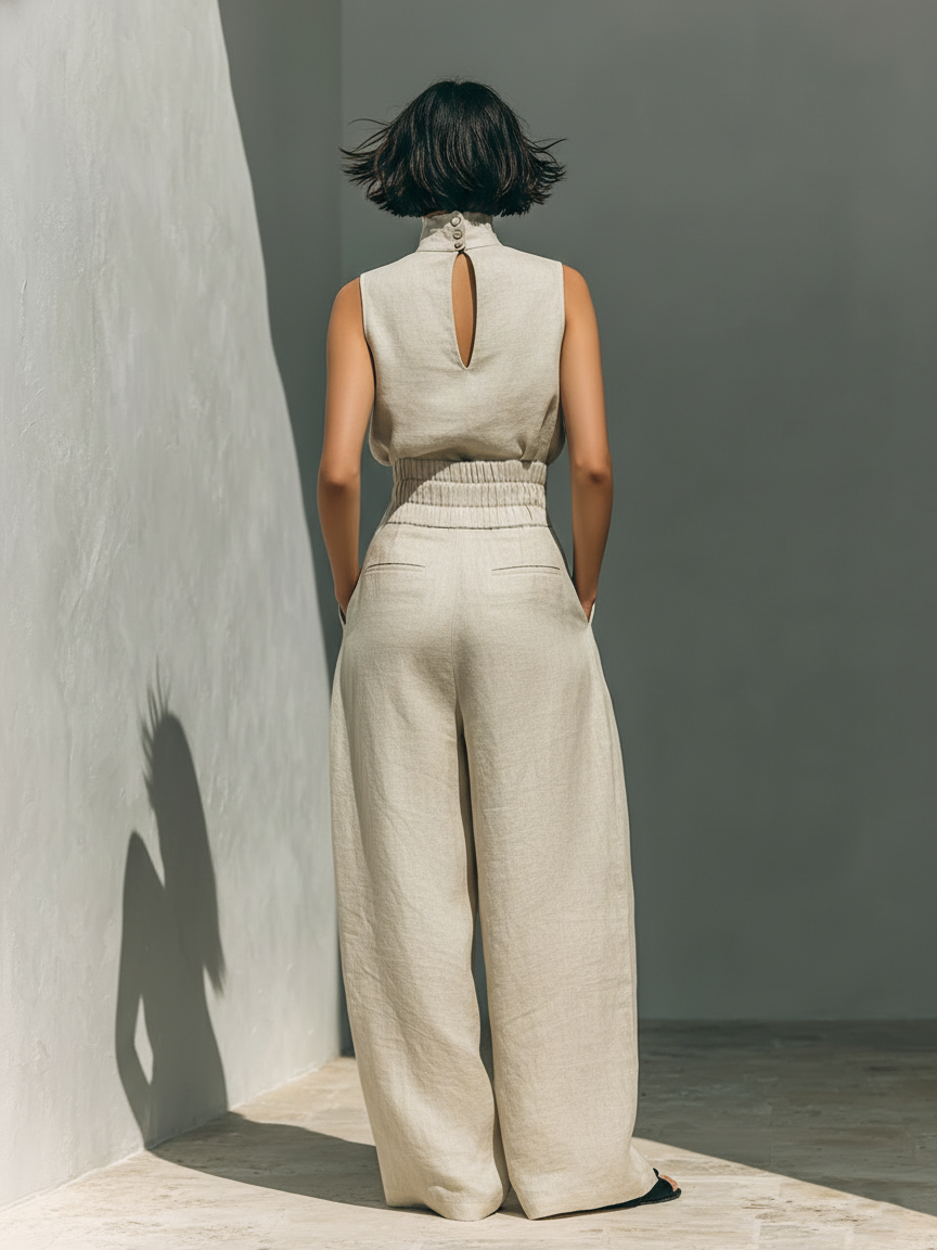 Aurora | Casual Beige Sleeveless Wide-Leg Coordinated Set