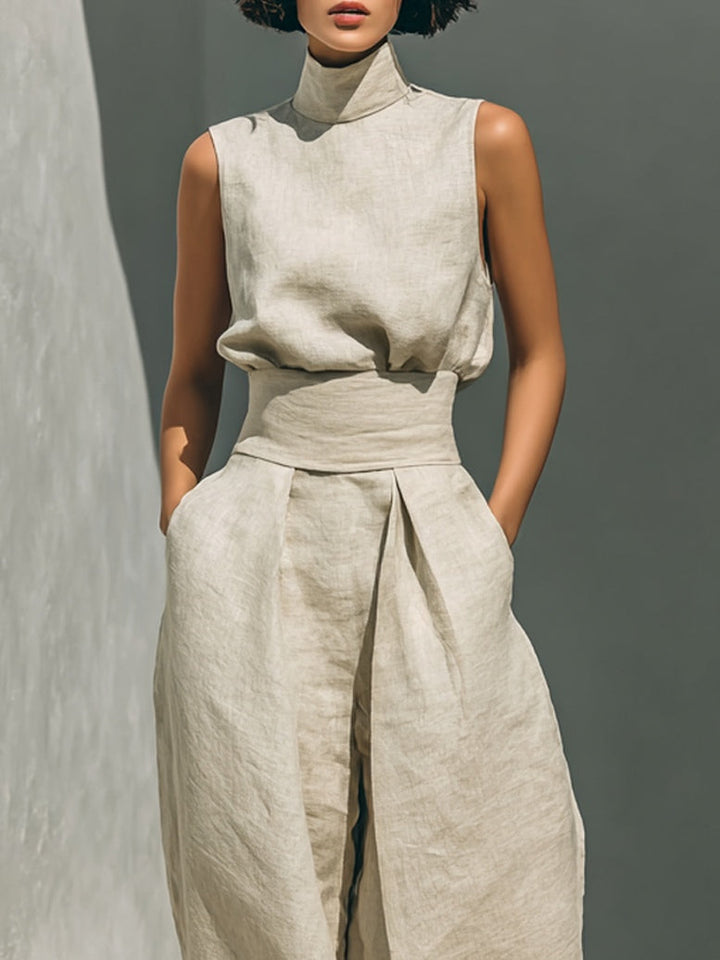 Aurora | Casual Beige Sleeveless Wide-Leg Coordinated Set