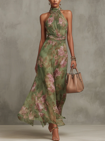 Naomi™ - Floral Halter Chiffon Maxi Dress