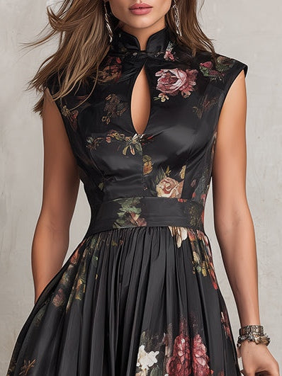 Violetta | Black Pleated Satin Midi Dress with Floral Design and Keyhole Neckline