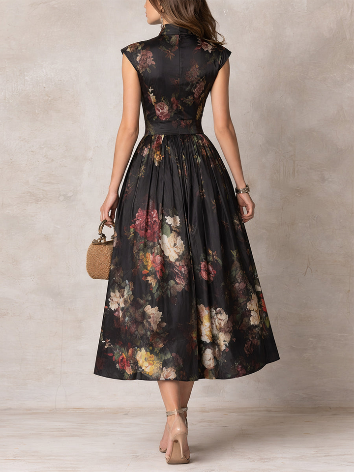 Violetta - Black Pleated Satin Midi Dress with Floral Design and Keyhole Neckline