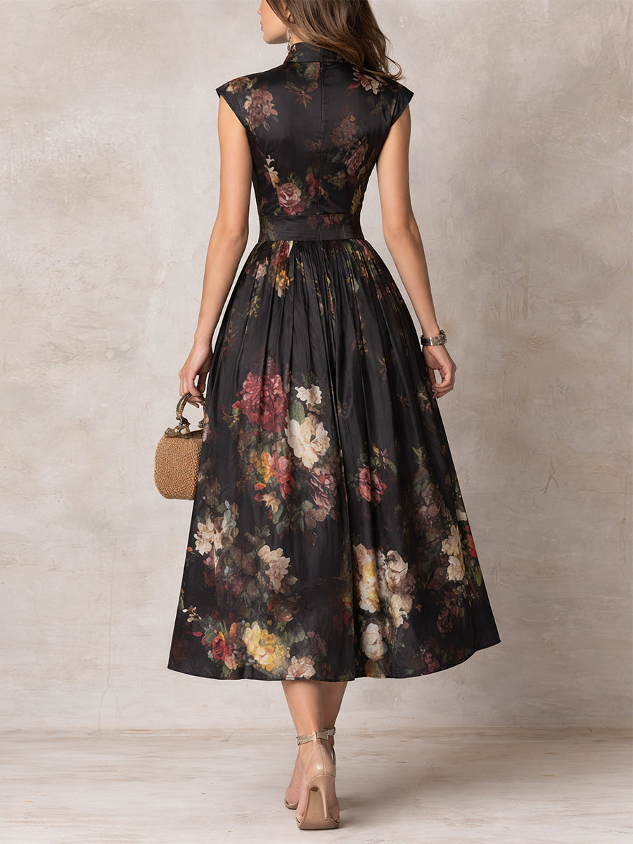 Violetta | Black Pleated Satin Midi Dress with Floral Design and Keyhole Neckline