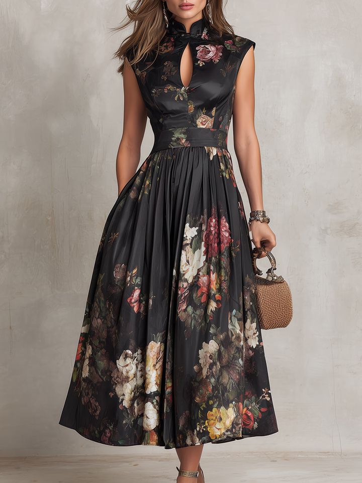 Violetta | Black Pleated Satin Midi Dress with Floral Design and Keyhole Neckline