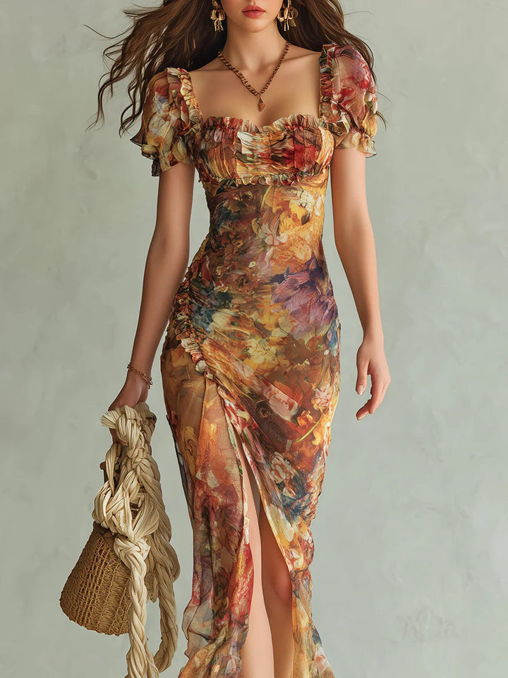 Viola | Flowing Orange Chiffon Dress with Bohemian Oil Painting Print