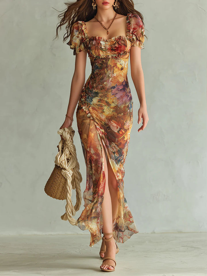 Viola | Bohemian-Inspired Long Orange Chiffon Dress with Artistic Oil Painting Print