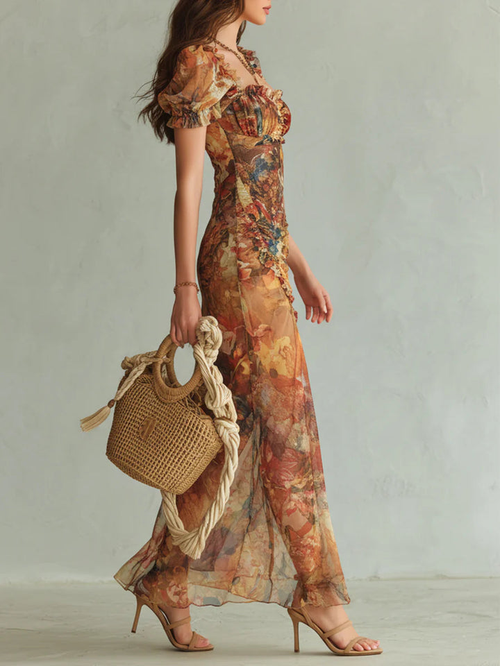 Viola | Bohemian-Inspired Long Orange Chiffon Dress with Artistic Oil Painting Print