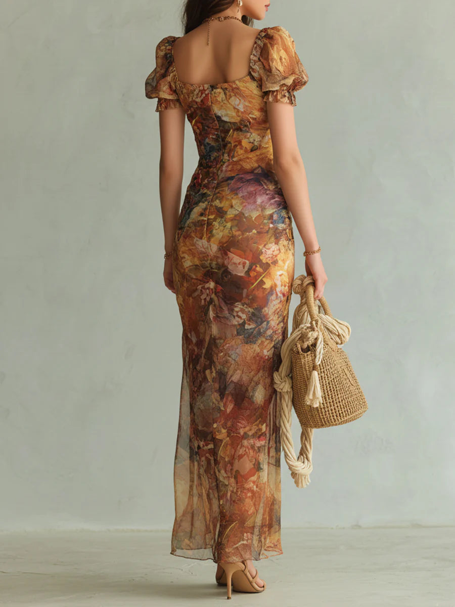Viola | Bohemian-Inspired Long Orange Chiffon Dress with Artistic Oil Painting Print