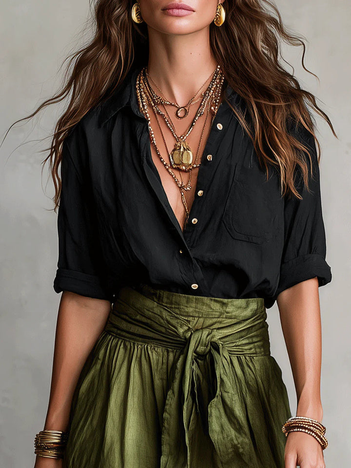Velestína™ - Black Top & Olive Green Midi Skirt Duo