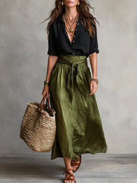 Velestína™ - Black Top & Olive Green Midi Skirt Duo